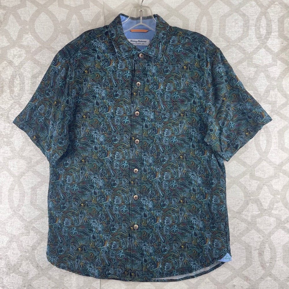 Tommy Bahama Veracruz Cay Mens S Black Neon Tropical Print Viscose Button‎ Shirt